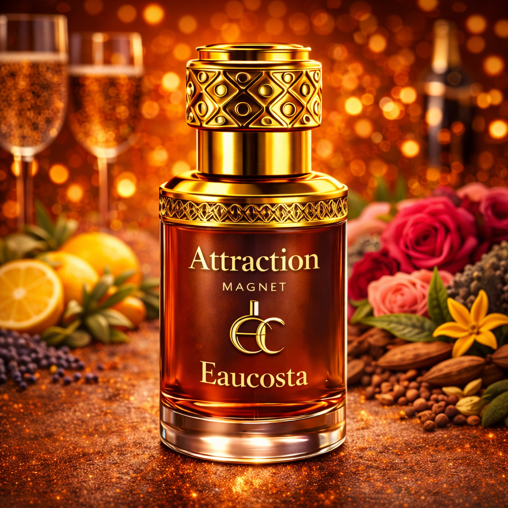 Luxury “Attraction Magnet” attar bottle by Eaucosta with ornate gold cap, surrounded by roses, citrus slices, spices, and warm golden lights.