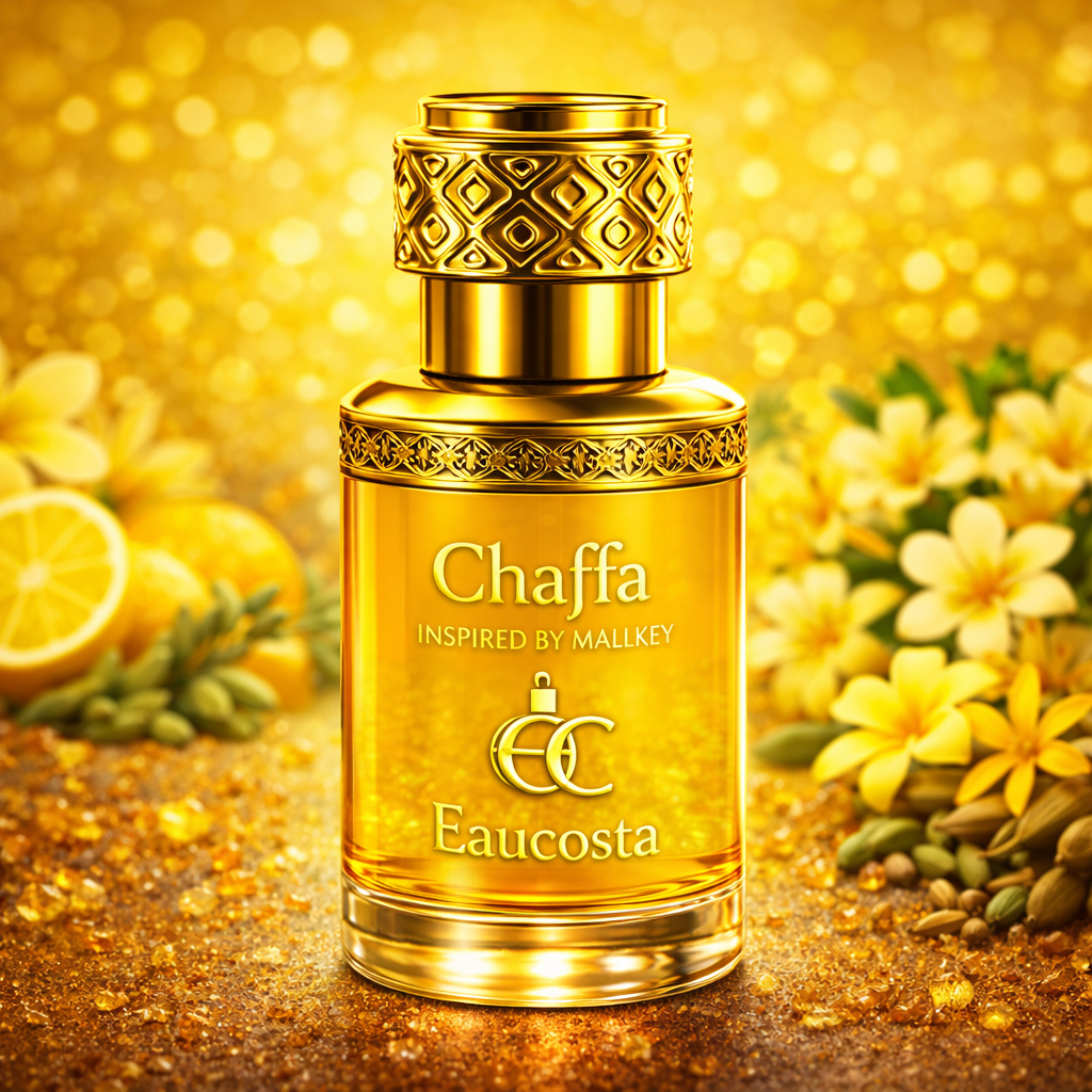 Luxury “Chaffa” attar bottle by Eaucosta with ornate gold cap, surrounded by yellow flowers, citrus slices, and golden background.