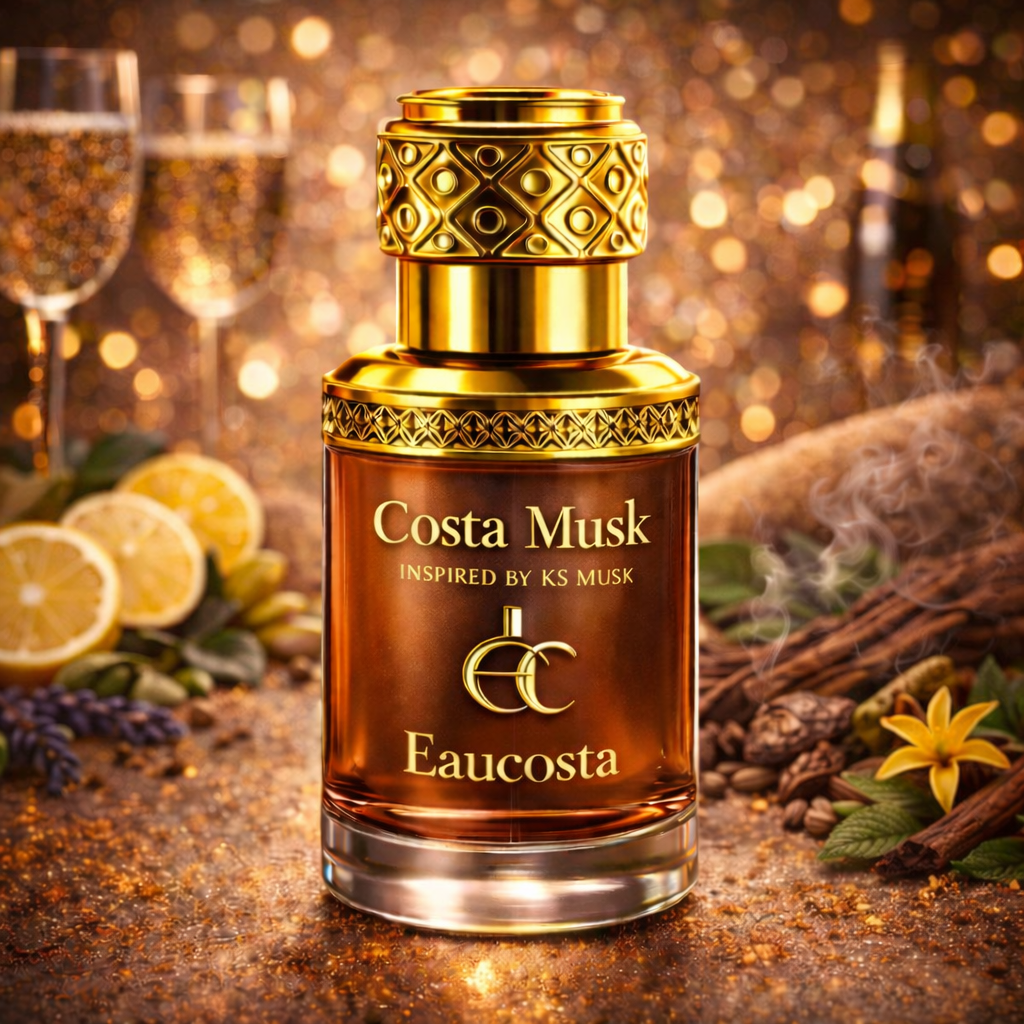 Luxury “Costa Musk” attar bottle by Eaucosta with ornate gold cap, surrounded by citrus slices, spices, and warm golden lights.