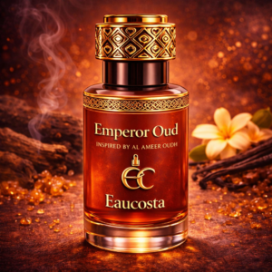 Luxury “Emperor Oud” attar bottle by Eaucosta with ornate gold cap, set against a warm glowing background with oud wood and floral accents.