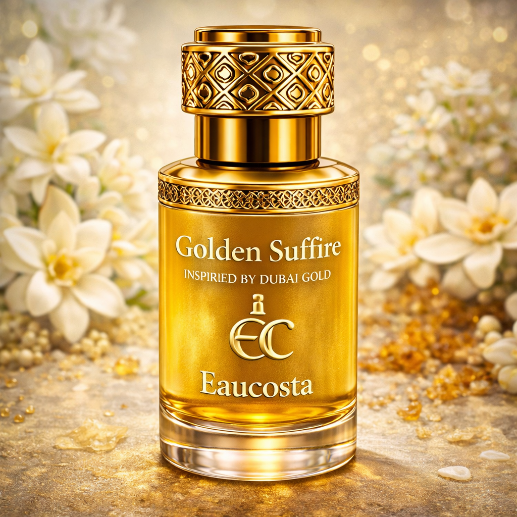 Luxury “Golden Suffire” attar bottle by Eaucosta with ornate gold cap, surrounded by white flowers and golden accents.