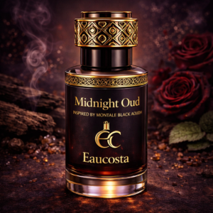 Luxury “Midnight Oud” attar bottle by Eaucosta with ornate gold cap, set against a dark background with oud wood, smoke, and roses.