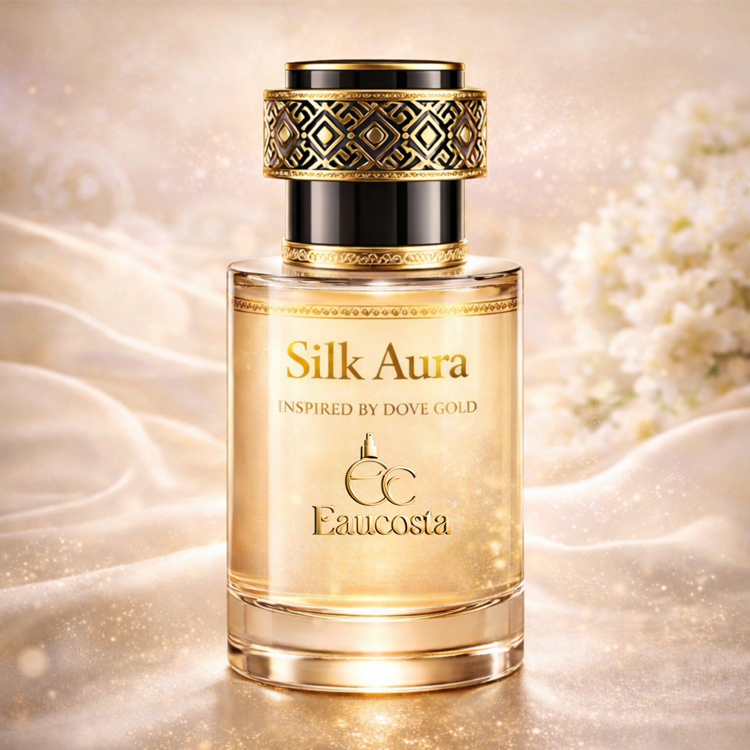 Luxury “Silk Aura” attar bottle by Eaucosta with gold ornate cap, set on soft silk fabric with a warm glowing background.